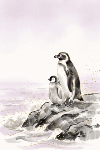 【スマホ壁紙】ペンギンの親子の絵|子ども部屋・リビング・冬(A4印刷用つき)(絵は AI 生成)