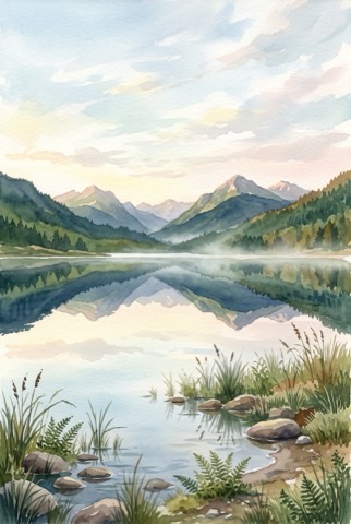 山あいの風景の絵|寝室・書斎に飾るアートとスマホ壁紙(絵は AI 生成)