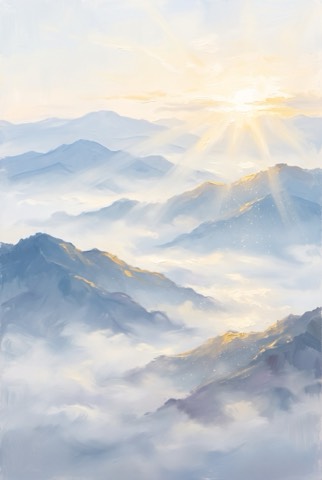 朝霧の山の絵のポスター(B3・A2)|寝室に飾る風水アート・印刷して届く物(絵は AI 生成)