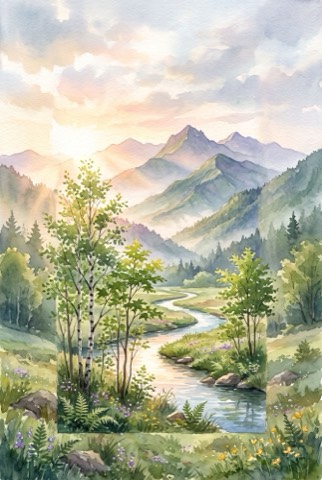 山あいの風景の絵|玄関・書斎に飾るアートとスマホ壁紙(絵は AI 生成)