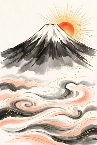朝日と富士山の絵6枚|玄関・リビングに飾るアートとスマホ壁紙(絵は AI 生成)